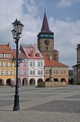 Fototapeta na wymiar Square with historic houses and Valdicka gate in Jicin, Cesky Raj, Czech republic