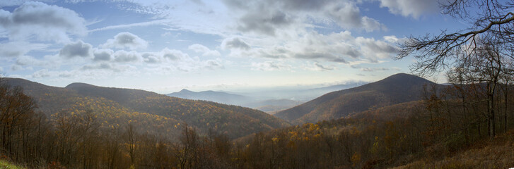 Panorama of fog in valley of Shenandoah National Park on sunny fall day. © karenfoleyphoto