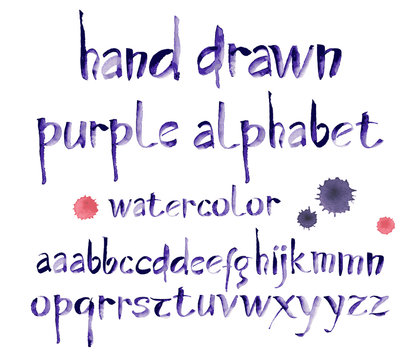 Watercolor hand written purple alphabet. Vector watercolor.