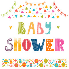 Baby shower invitation template. Cute postcard with funny decora
