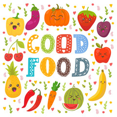 Good food. Cute happy fruits and vegetables in vector. Healthy f