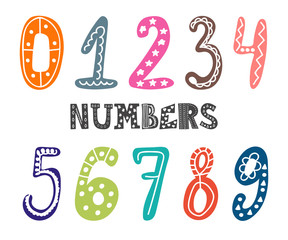 Hand drawn numbers set. Collection of cute colorful numbers