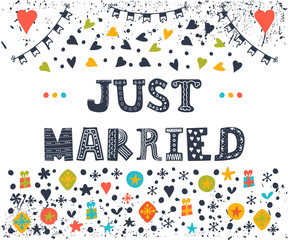 Just married. Cute greeting card with decorative elements. Postc
