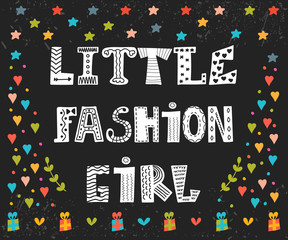 Little fashion girl card. Cute graphic for kids. Funny postcard