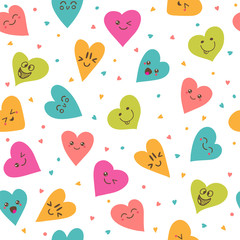 Seamless pattern with hand drawn smiley hearts. Cute cartoon cha