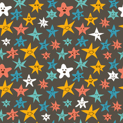 Vector seamless pattern with cute smiley little stars. Abstract