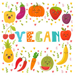 Vegan food. Healthy lifestyle. Cute happy fruits and vegetables