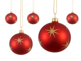 Several lots red christmas tree ball or bauble with star shape decoration hanging isolated on white background photo