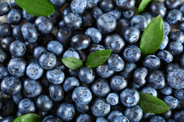 Tasty ripe blueberries with green leaves close up