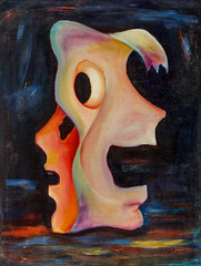 Beautiful Original Oil Painting double mask with yellow, blue, red, smears, purple, white, with and shadows - 95425875