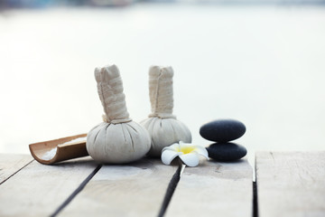 Beautiful spa composition with stones outdoors