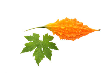 Ripe of Bitter melon, Bitter gourd with leaf on white background.