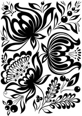 abstract black and white flowers. Stylish retro ornament. design element