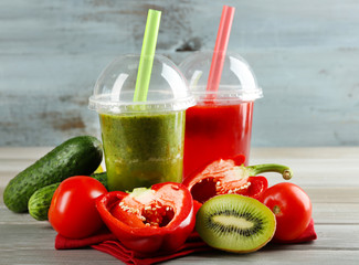 Fresh juice mix fruit, healthy drinks on wooden table background