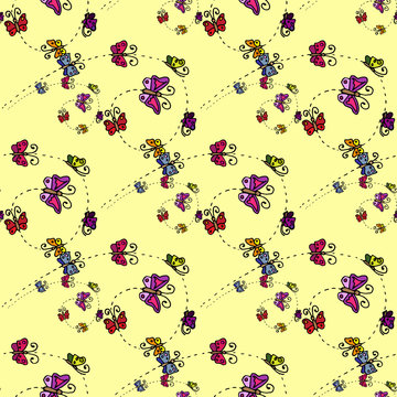 Illustration of a spiral with butterflies. Seamless pattern.