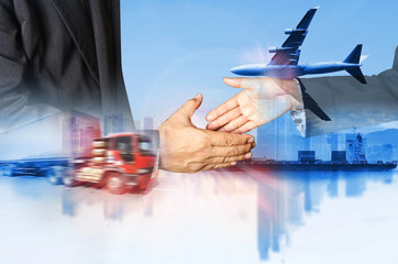 Double exposure of success businessman and container truck and freight cargo plane concept of ...