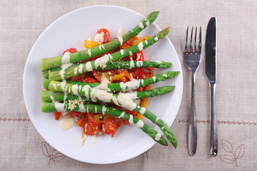 Delicious vegetables dish on served table