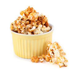 Sweet caramel popcorn isolated on white background