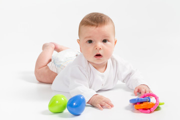 Fototapeta na wymiar Baby newborn in the shirt closeup on white background.