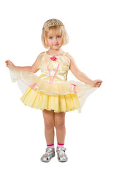  Little girl in a beautiful yellow dress and crown on white back