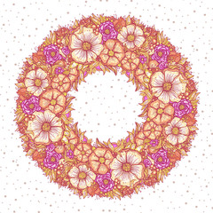 multicolored flowers wreath, framework, graphic bouquet, , floral pattern outline, vector illustration