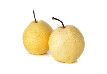 Chinese pear or Nashi pear with stem on white background