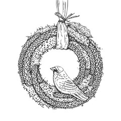 Christmas fir wreath with a bird, ribbon and feathers, black contour on a white background, vector illustration