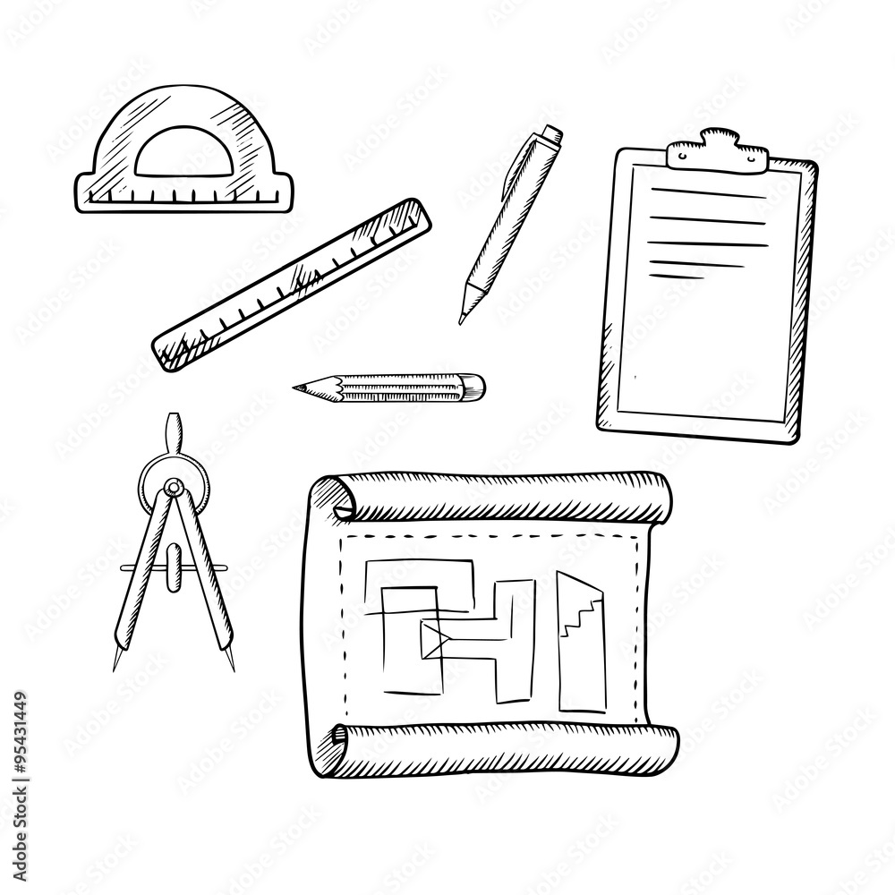 Aufkleber architect drawing and tools sketches