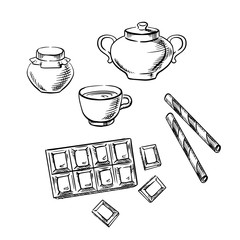 Tea cup, confectionery and honey sketches