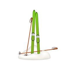 Old wooden skis and old ski poles standing in snow 