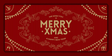 Merry Christmas and a happy new year greeting vintage frame on red background
