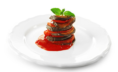 Ratatouille on plate, isolated on white