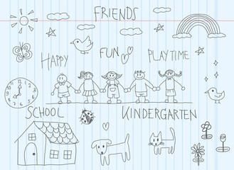children doodle drawing of friend and kid imagination of animal house flower rainbow in cartoon style in school notebook paper background with handwriting (vector) 