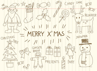 Children doodle drawing Christmas holiday icon celebration ornament decoration toy and candy  set in brown school notebook paper background, create by vector