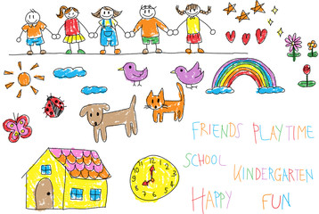 Kindergarten children doodle crayon drawing of a friend and kid environment such as animal pet house flower rainbow in happy cartoon character icon in isolated background with handwriting (vector)