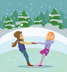 Young couple boy and girl at ice skating. Vector flat illustration