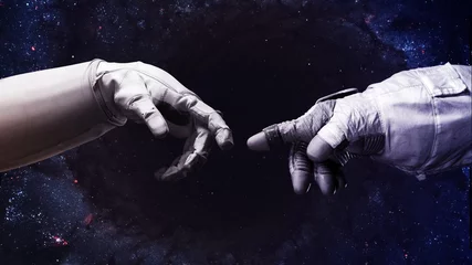 Foto auf Glas Michelangelo Gottes Berührung. Nahaufnahme von menschlichen Händen, die sich mit den Fingern im Raum berühren. Elemente dieses von der NASA bereitgestellten Bildes © Vadimsadovski