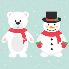 winter bear and snowman with scarf