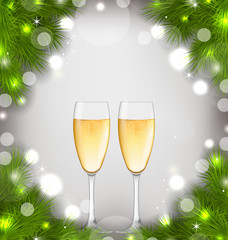 Merry Christmas Background with Glasses of Champagne