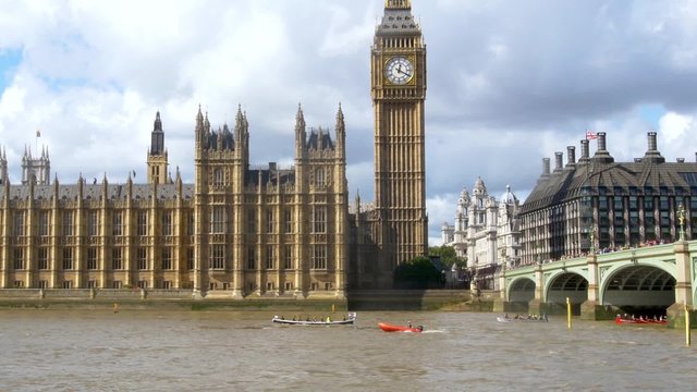 London, rowing boats competition on the river Thames with the background of the House of Parliament and the Big Ben