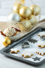 Beautiful Christmas cookies on oven-tray, close up