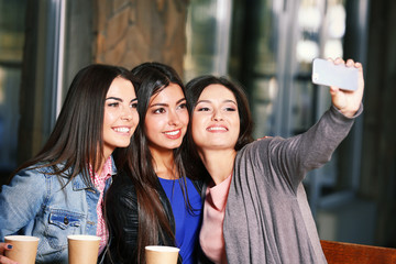 Attractive girls together take selfie sitting in cafe
