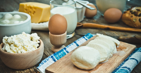 milk products on old wooden table