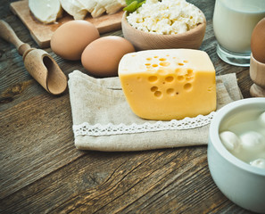 milk products on old wooden table