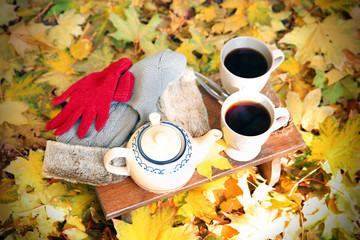 Autumn composition with hot beverage on nature background