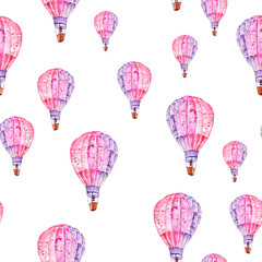 Seamless pattern with flying mauve (pink and violet) balloons painted in watercolor on a white background
