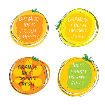 Fresh juice -  Health Food Headings vector set  - Orange juice circle stickers with inscription fresh. Calligraphic Organic food hand drawn icons collection isolated on white background. Eps 10.