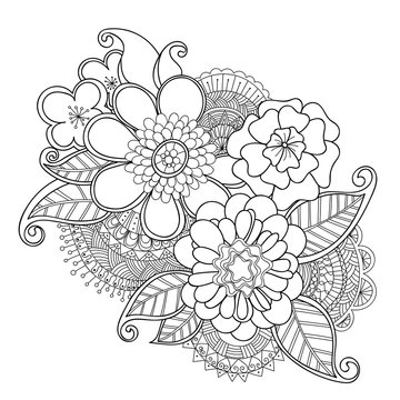Doodle art flowers. Zentangle style floral pattern. Hand-drawn herbal design elements.