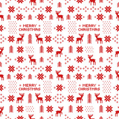 seamless retro red christmas pattern with deers, trees and snowflakes