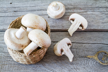 Raw mushrooms in basket, copy space